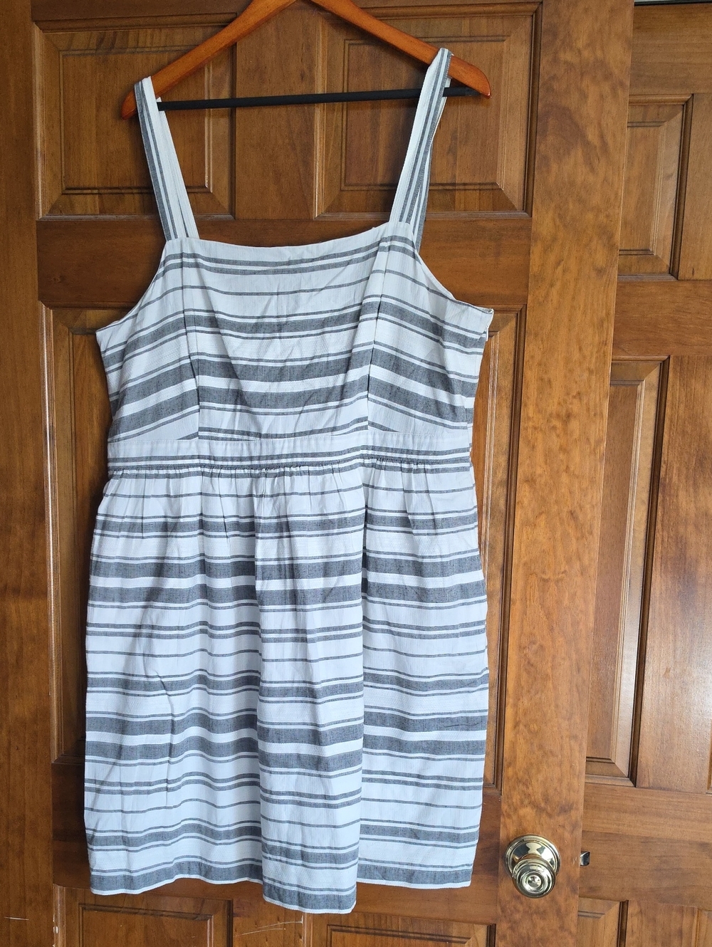 LOFT White and Gray Striped Midi Dress